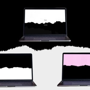 Könnte beinhalten: Drei Laptops mit dunkelgrauen Rahmen und Tastaturen. Der obere Bildschirm zeigt einen weiß-schwarzen Riss-Effekt mit dem Text "PEACE" und "STAY SAFE". Der untere linke Bildschirm zeigt einen schwarz-weißen Riss-Effekt. Der untere rechte Bildschirm zeigt einen rosa-schwarzen Riss-Effekt.