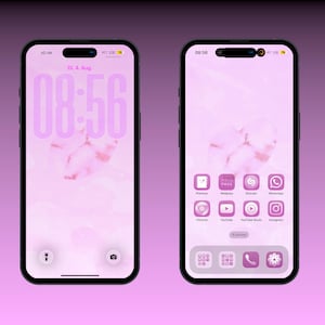 Könnte beinhalten: Zwei Smartphones mit schwarzem Rahmen und einer individuellen rosa Benutzeroberfläche. Der linke Bildschirm zeigt eine große Digitaluhr mit der Zeit 08:56 und dem Datum Di. 4. Aug. Der rechte Bildschirm zeigt verschiedene App-Symbole wie Chrome, YouTube und Instagram.