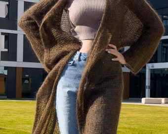 Hand Knit Kid Mohair Cardigan: Oversized Maxi Duster
