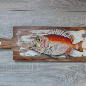 Painting on wood, fish, becker, dekor, painting on the board, solid acacia, acrylic, marker, mixed media