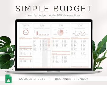 May include: A laptop computer displaying a Google Sheets spreadsheet with a simple budget template for the month of March. The spreadsheet includes sections for income, expenses, and a summary of the budget. The template is designed to be user-friendly and easy to use.