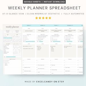 Op de afbeelding: Een sjabloon voor een wekelijkse planner-spreadsheet in Google Sheets met een schone, minimalistische esthetiek. De sjabloon bevat secties voor dagelijkse taken, wekelijkse doelen en een takenlijst. De sjabloon is volledig geautomatiseerd en bevat een kalenderweergave.