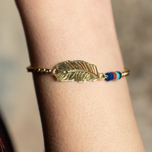 Bracelet - Plume - MAÂT - Acier Inoxydable - Jaspe - Turquoise - Lapis - Pierre Naturelle - Egypte - Bleu - Rouge - Cadeau