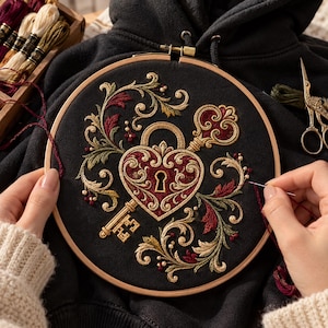 Peut inclure: Un tambour à broder circulaire en bois contenant un tissu noir avec un motif détaillé de cadenas en forme de cœur et de clé. La broderie présente un travail complexe de fils dorés, rouge foncé et vert olive avec des motifs floraux.