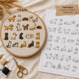 May include: An embroidery hoop containing twenty-one small, stitched golden retriever figures in various poses, alongside a paper sheet with matching black line art designs labelled PRINTABLE STICK & STITCH TEMPLATE, plus scissors and thread.
