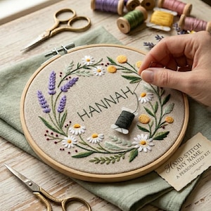 Peut inclure: Un cercle à broder avec le nom "HANNAH" brodé en fil noir, entouré d'une couronne florale de marguerites, de lavande et d'accents jaunes. Une main est montrée en train de broder. Le kit comprend des ciseaux et des bobines de fil.