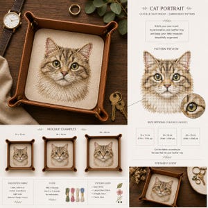 Peut inclure: Un vide-poche en cuir marron contenant un insert en tissu beige avec un portrait de chat brodé détaillé. L'image comprend des étiquettes de texte pour un motif de broderie de portrait de chat, des options de taille et des exemples de modèles.