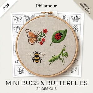 Peut inclure: Un tambour à broder circulaire en bois contenant un panneau en tissu beige avec quatre insectes brodés : un papillon orange avec des fleurs rouges, une coccinelle rouge sur une feuille verte, un bourdon jaune et noir et une mante religieuse verte.