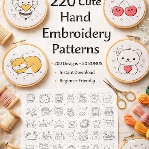 Peut inclure: Plusieurs cercles à broder avec des motifs mignons, dont une abeille, des cerises, un chat et un ours. L'image présente également une feuille de motifs au trait et le texte "220 Cute Hand Embroidery Patterns".