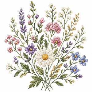 Peut inclure: Un motif de broderie au point de croix représentant un bouquet de fleurs sauvages. La composition comprend une marguerite blanche centrale, des asters violets, des grappes roses, des myosotis bleus et des tiges et feuilles vertes.