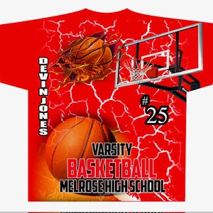May include: Red basketball jersey with a cracked lightning design. The jersey features a basketball, a basketball hoop, and the text "Varsity Basketball Melrose High School" and "#25".