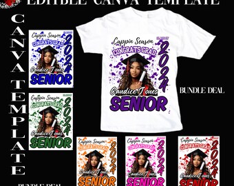 May include: A digital download bundle of five customizable graduation t-shirt designs. Each design features a purple, green, orange, pink, or red background with white paint splatters. The shirts feature a photo of a graduate wearing a cap and gown, the text "Cappin Season", "Congrats Grad", "Class of 2024", and "Candice Jones Senior".