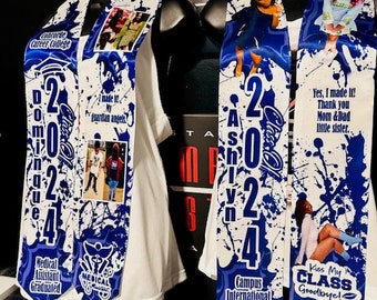 May include: Two graduation sashes with blue and white paint splatter designs. The sashes feature photos, text, and the words "Class of 2024". One sash says "Concorde Career College" and "Medical Assistant Graduated". The other sash says "Campus International High School" and "Kiss My Class Goodbye!"
