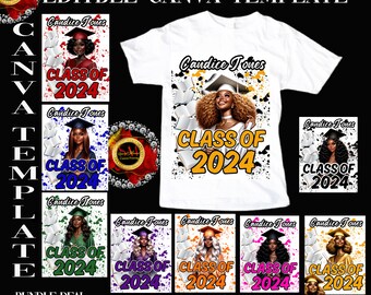 May include: A digital download bundle of 8 customizable graduation t-shirt designs featuring a black woman with a graduation cap and gown. The designs include various colors and the text "Candice Jones Class of 2024".