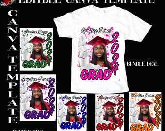 May include: A digital download of a Canva template for a graduation t-shirt. The template features a white t-shirt with a design of a graduation cap, books, and the year 2024. The design is available in five different color schemes: green, purple, blue, red, and orange. The text "Candice Jones" and "GRAD" are included in the design.