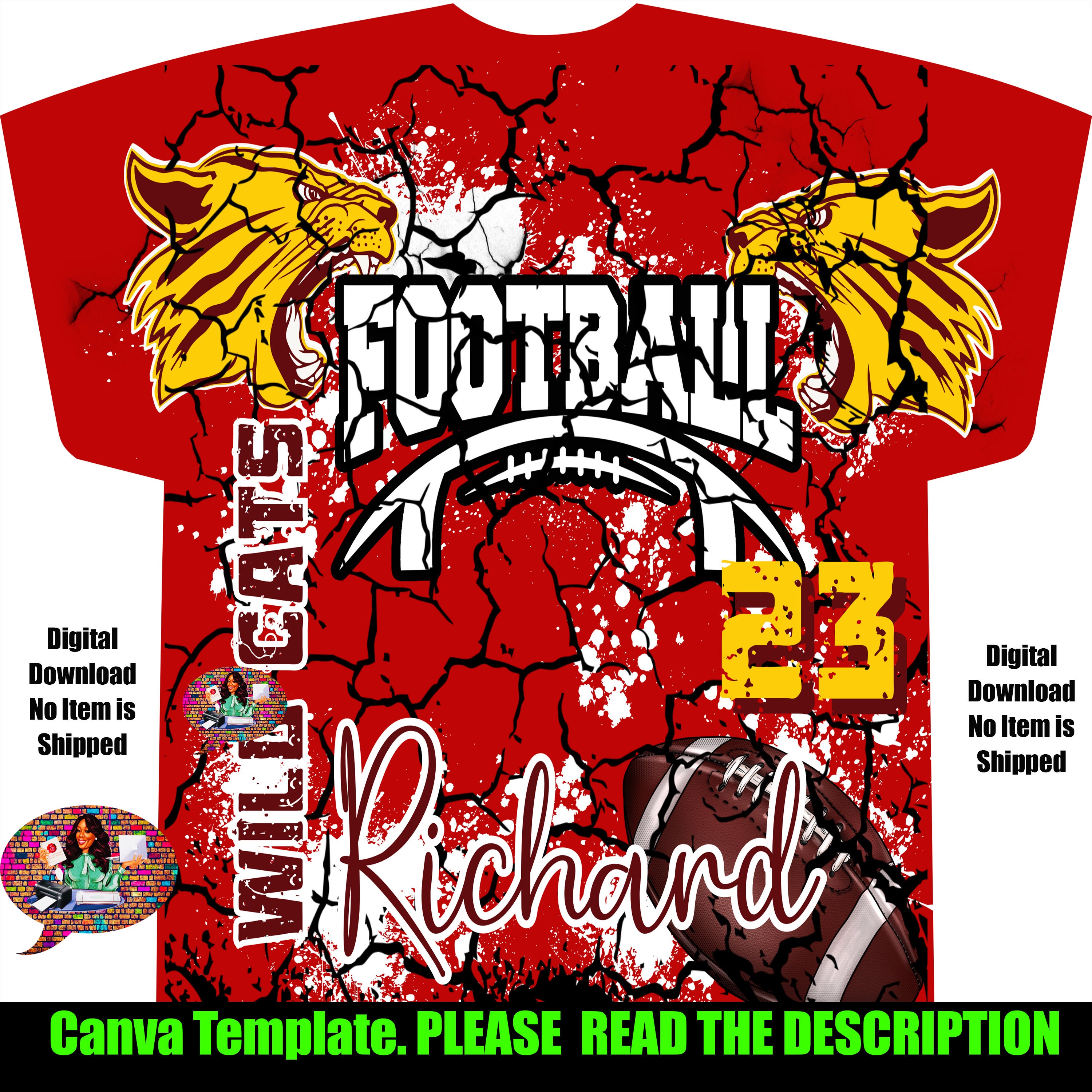 ShopDesignsGalore Canva Template Football All Over T-Shirt Design