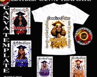 May include: White t-shirt with a graduation design featuring the text "Candice Jones", "Congrats", and "Class of 2024". The image also includes digital download templates with similar designs. The words "Editable Canva Template" and "Bundle Deal" are also visible.