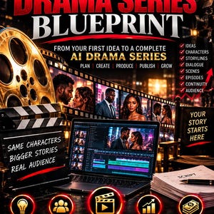 May include: A digital ebook cover titled The AI Drama Series Blueprint featuring a film reel, a laptop displaying video editing software, a clapperboard with text, and a stack of scripts. The design includes icons for ideas, characters, and production.