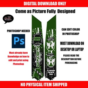 May include: A digital download of a graduation sash design in black, green, and white. The sash features the name "Aliyah Tucker", the year "2023", and the words "In memory of Antonio L. Tucker". The text "LUM" is also on the sash. The sash is designed to be edited in Photoshop.