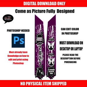 May include: Purple and white graduation sash with the name "Apiyah Tucker" and the year "2023" printed on it. The sash also includes the text "In memory of Antonio L. Tucker" and "B.S. in Agriculture, Plant and Soil Science".