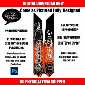 May include: Digital download of two graduation sash designs. The sashes are red, black, and white with a graduation cap, the words "Senior 23", and the name "Makayla Jones". The sashes are designed to be edited in Photoshop.