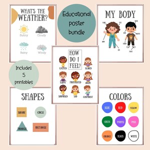 Educational Posters Bundle Printable Weather Chart Toddler Education Montessori Gift for Mom Teacher Printables Feelings Chart My Body Page