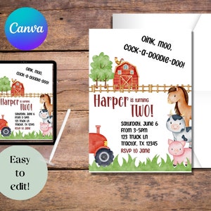 Editable toddler invitation canva template cow birthday invitation farm animal birthday invitation farm 2nd birthday invite cow invitation