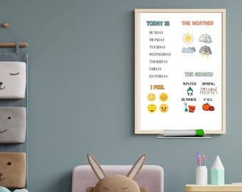 May include: A white dry-erase board with a colorful design. The board has a list of days of the week, weather icons, seasons, and emojis. The board is hanging on a light blue wall.