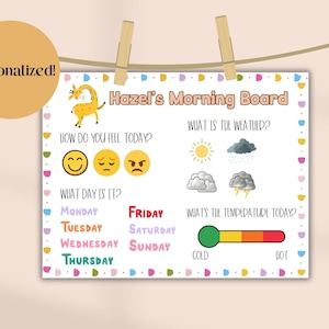 Tablero matutino personalizado Cuadro meteorológico Cartel de sentimiento preescolar educación en el hogar imprimibles menú matutino calendario para niños pequeños educación de día laborable