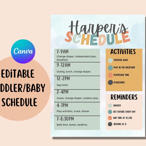 Editable baby toddler scheduler Canva Template Personalized Schedule Printable Kid Schedule Mom Schedule Editable Prints Personalized Prints
