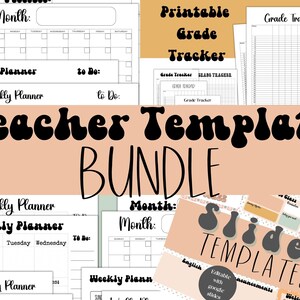 May include: A digital printable teacher template bundle with a retro-style font. The bundle includes a variety of templates, including weekly planners, daily planners, grade trackers, and monthly calendars. The templates are designed to help teachers organize their time and manage their classrooms.