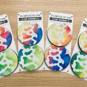 Rainbow Cow Print Car Coasters, Cow Car Accessories, Cow Print Accessories, Car Cup Holder Coaster, Western Car Accessories, Rainbow Pride