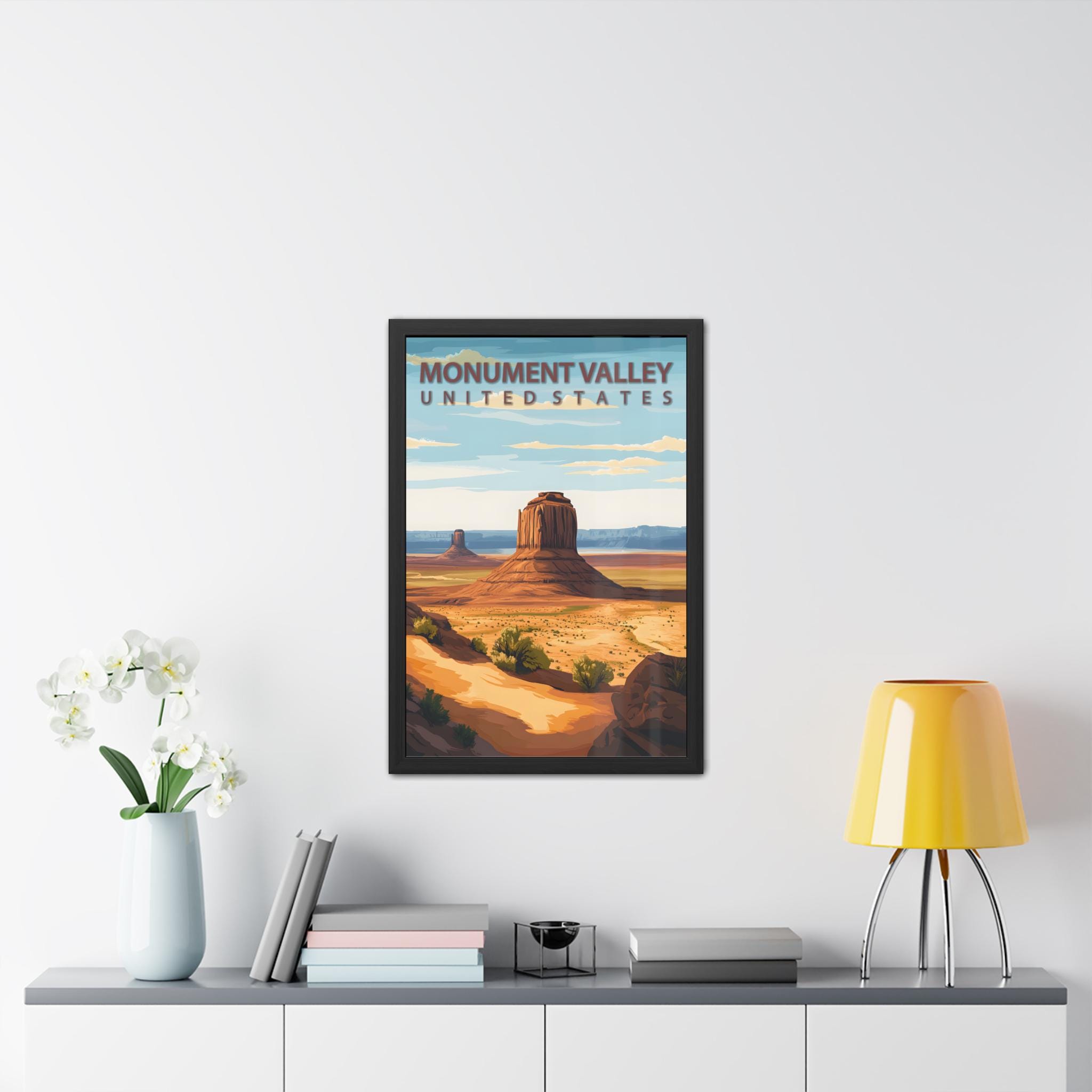 モニュメントバレーの額入りポスター、風景壁アート、自然の装飾、旅行