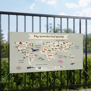 Weltkarte Banner, Kinderzimmer Dekor,Pädagogische Wandkunst, Geographie lernen, Abenteuer Thema