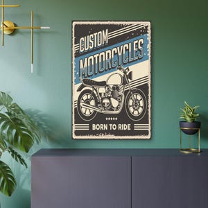Letrero metálico vintage de motocicleta, decoración rústica para el hogar, arte de pared "Born to Ride", perfecto para motociclistas, garaje, cueva de hombre, regalo