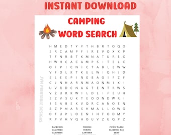 Camping Word Search| Printable Camping Games| Camping Activities for Kids and Adults| Word Search Printable| Camping Activities