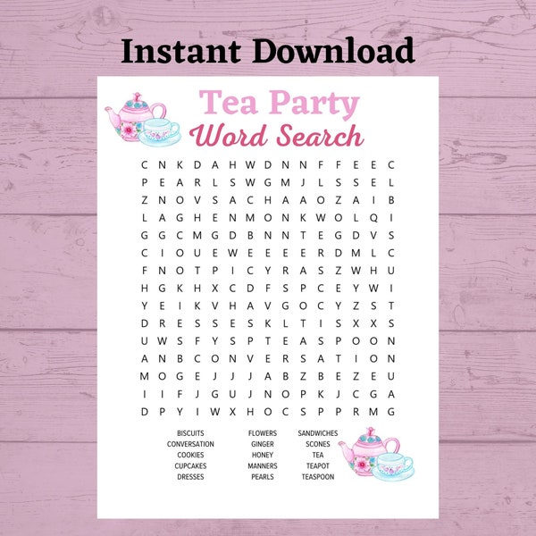 Tea Party Word Search, Instant Download, Tea Party Games, Princess Party, Word Searches, Word Search Printable