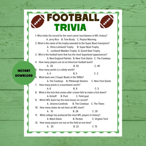 Football Trivia| Printable Football Trivia| Football Party Games| Sports Trivia| NFL Trivia| Football Trivia Game| Trivia Games