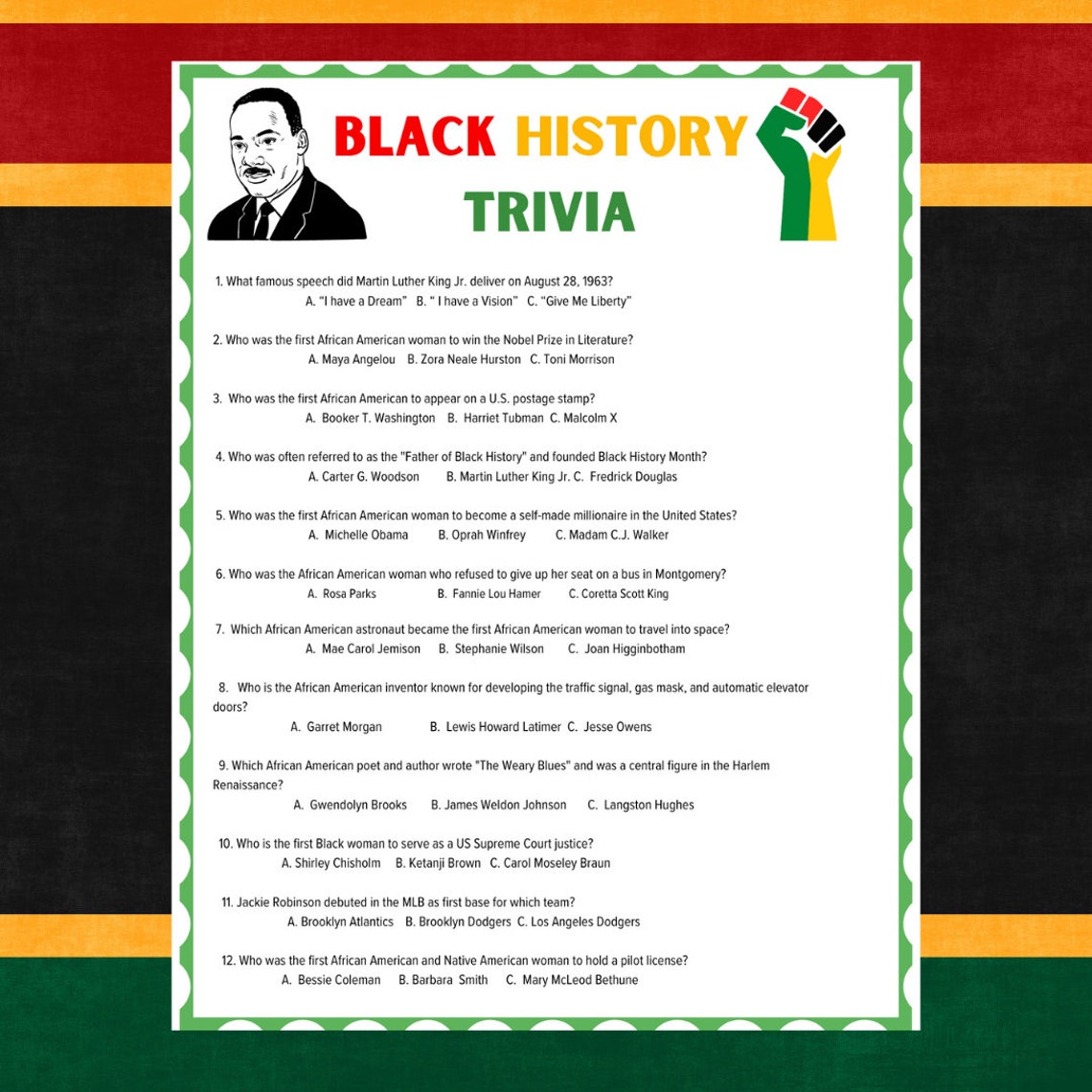 Black History Trivia Black History Month Games Black History Printable