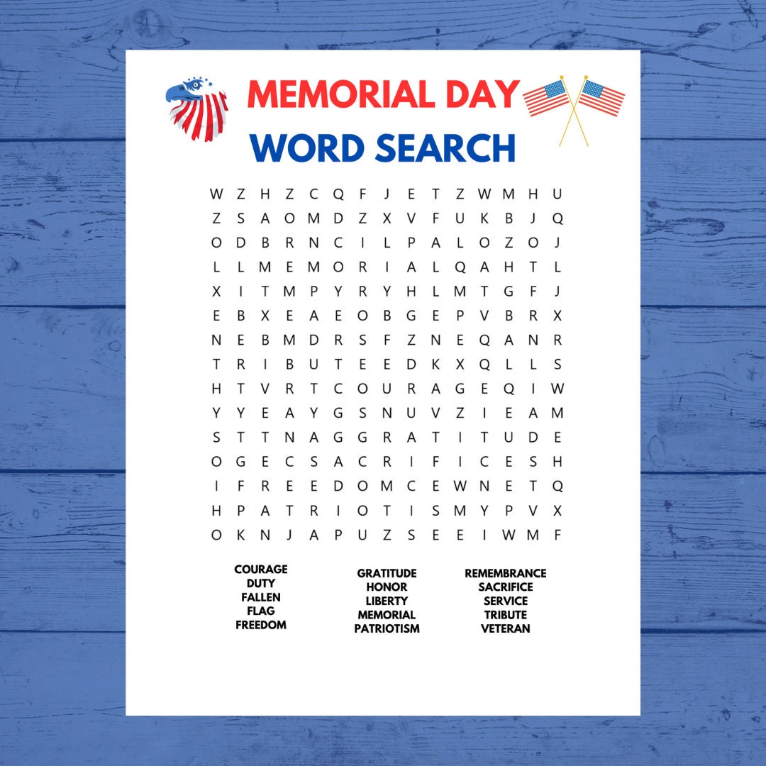 Memorial Day Word Search Memorial Day Printable Classroom Games ...