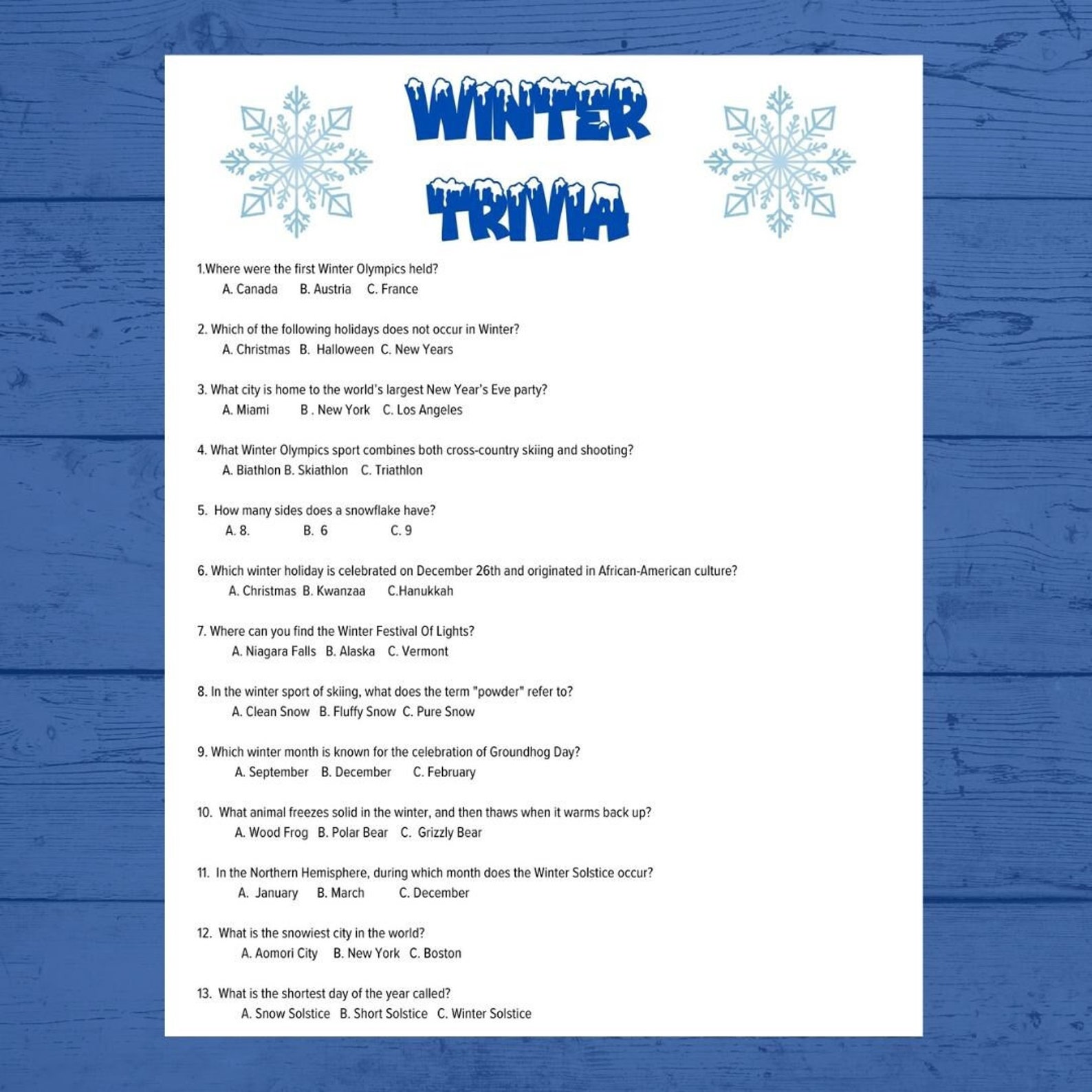Winter trivia game winter trivia winter games winter printable winter
