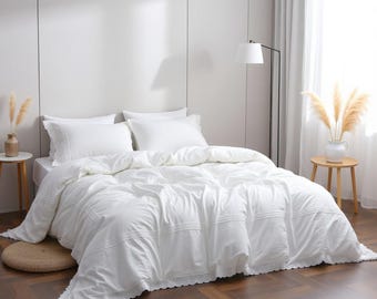 White Cotton Duvet Cover Set, Farmhouse Bedding, Cottagecore Home Decor