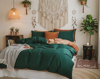 Boho Green Winter Duvet Cover Set – Emerald Velvet Bedding, Cozy Cottagecore Farmhouse Comforter, Warm Bedroom Decor