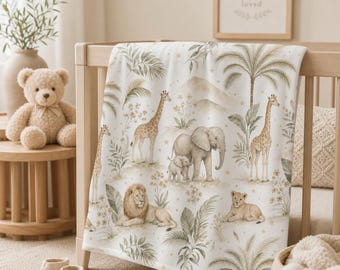 Safari Nursery Animal Print Baby Swaddle Blanket | Giraffe Elephant Lion