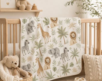 Watercolor Safari Animals Baby Swaddle Blanket | Jungle Lion Giraffe Zebra Elephant