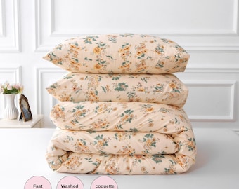 Coquette Floral Duvet Cover Set | 100% Cotton Kawaii Vintage Bedding | Cottagecore Soft Aesthetic Bedroom | Twin Full Queen King