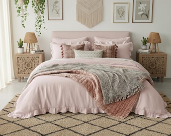 Blush Pink Ruffled Cotton Duvet Cover Set: Farmhouse Bedding