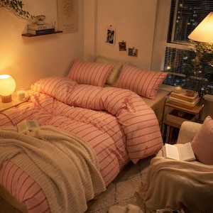 Juego de funda nórdica a rayas, ropa de cama de algodón lavado, ropa de cama a rayas verdes, rosas y azules, funda nórdica tamaño Queen/King, decoración de dormitorio estilo rústico costero. imagen 13