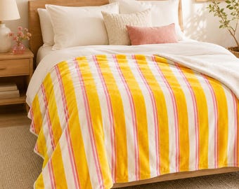 Yellow Pink Stripe Velveteen Blanket | Soft Striped Throw