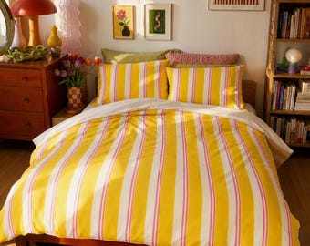 Yellow Pink Stripe Cotton Bed Set | Striped Duvet Cover